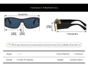 Detailed size chart for unisex square frame sunglasses with metal and PC materials