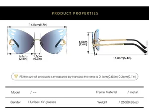 Detailed size chart for rimless butterfly sunglasses with metal frame dimensions