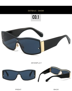 Detailed front and 45-degree views of modern oversized black sunglasses with gold hinges