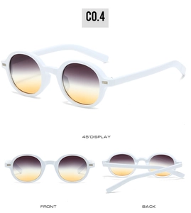 Detailansicht der runden mattweißen Sonnenbrille mit lila-orangefarbenem Verlauf