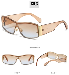 Detailed views of square sunglasses with tea gradient lenses and amber frames