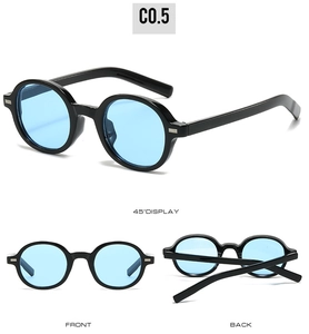 Detailansicht der Vintage-Rundrahmen-Sonnenbrille mit hellblauen Gläsern aus drei Winkeln