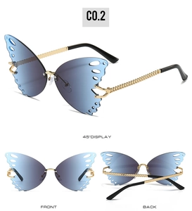 Detailed multi-angle views of rimless butterfly sunglasses with blue gradient lenses