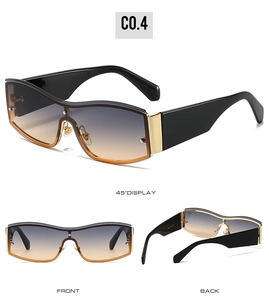 Three-way view of square sunglasses with gradient lenses and gold metal details