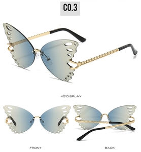 Multi-angle views of rimless butterfly sunglasses with blue gradient diamond-cut lenses