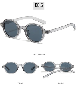 Retro-Rundrahmen-Sonnenbrille mit grau-transparenten Bügeln aus mehreren Winkeln
