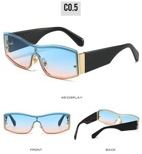 Three views showing gradient lenses and wide black temples with gold metal hardware