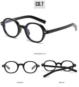Detailansicht der runden Retro-Sonnenbrille in Schwarz mit Blaulichtfilter-Gläsern
