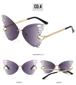 Three-view display of rimless butterfly sunglasses with purple lenses and gold chain arms