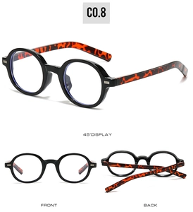 Drei Ansichten der Retro-Rundbrille mit Schildpatt-Bügeln und schwarzem Vollrand-Design