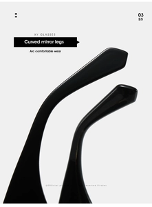 Close-up of curved mirror legs on black square sunglasses with ergonomic design