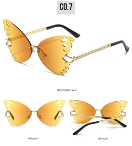 Detailed views of rimless butterfly sunglasses with orange lenses and golden metal temples