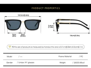 Detailed size chart of square retro sunglasses with precise frame and lens dimensions