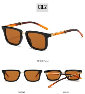 Three angles of square retro sunglasses with black frames and orange tinted lenses