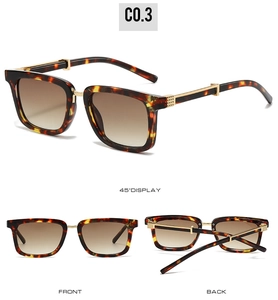 Front, back, and 45-degree views of tortoise shell square sunglasses with gold metal accents