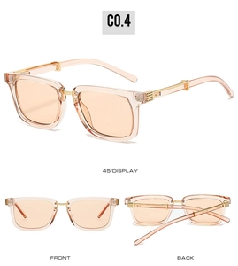 Three views of square vintage sunglasses in champagne gold with metal detail