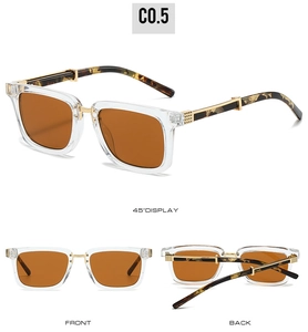 Retro square sunglasses shown in front, back, and 45-degree views with tortoiseshell arms