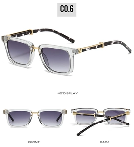 Detailed views of square retro sunglasses with gradient lenses and gold metal accents