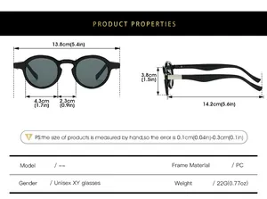 Detailed size chart for vintage small frame sunglasses with PC frame measurements