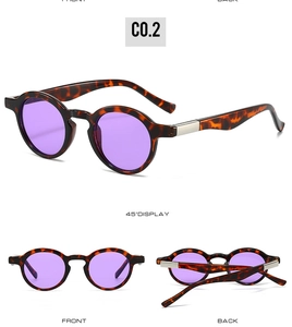 Front, back, and 45-degree views of retro tortoiseshell sunglasses with purple lenses