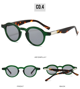 Detailed views of small retro oval sunglasses with green frames and tortoiseshell temples