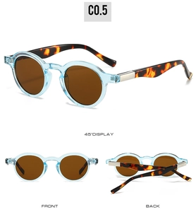 Detailed views of light blue round sunglasses with tortoiseshell temples and brown lenses