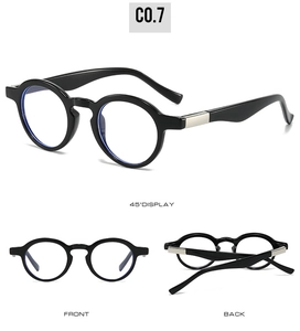 Macro views of retro small frame sunglasses in black acetate with 45-degree and back details