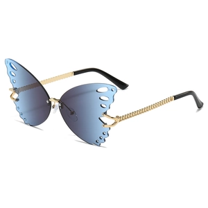 Fashion butterfly rimless sunglasses with gradient blue lenses and gold chain temples