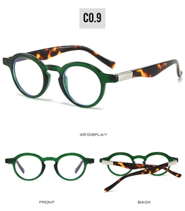Three-way view of retro small frame green transparent glasses with tortoiseshell temples