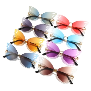 Fashion rimless butterfly sunglasses with rhinestone accents and gold metal temples in 8 colors