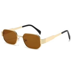 Retro polygon metal sunglasses with gold frame and brown UV400 lenses for women