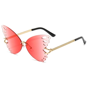Fashion butterfly rimless sunglasses with red gradient lenses and gold chain temples