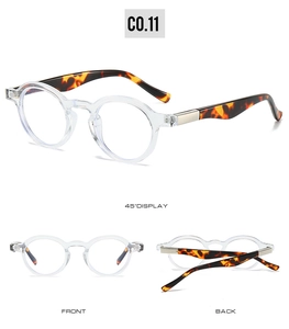 Detail view of retro round glasses with transparent frames and tortoiseshell temples