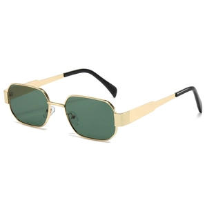 Vintage octagonal gold metal sunglasses with dark green lenses in a 45-degree side view