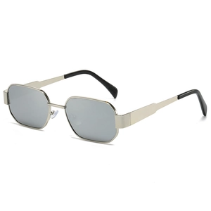Retro polygonal silver metal sunglasses with gray lenses for a minimalist fashion look