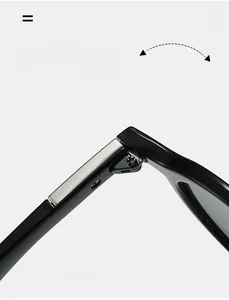 Macro detail of high-durability silver metal hinges on black vintage square sunglasses