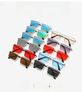 Detailed macro view showing diverse lens colors of square metal frame sunglasses