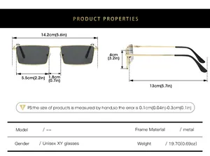 Detailed size chart for square metal sunglasses showing precise dimensions and unisex design