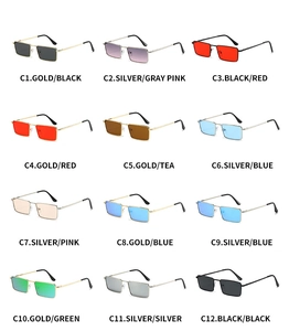 Detailed catalog showing 12 color options of vintage metal square frame sunglasses
