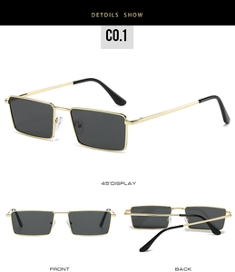 Detailed views of gold square metal sunglasses with dark grey lenses and black ear tips