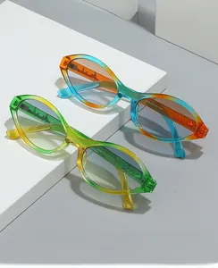 Detail of vintage oval gradient sunglasses with clear frames and inner temple parameters