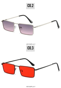 Detail view of retro square metal sunglasses in silver-pink and matte black-red finishes