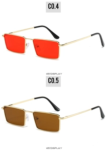 Detailed 45-degree view of square metal sunglasses in red and brown lens colors