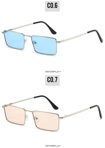 Detailed 45-degree angle view of vintage small square metal frame sunglasses in blue and orange