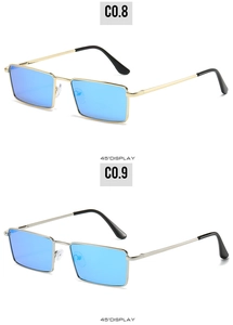 Detailed 45-degree view of square metal sunglasses in gold and silver with blue lenses
