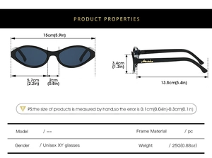 Detailed size chart of vintage oval sunglasses with frame dimensions and weight in grams
