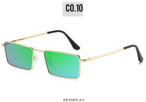 Detail view of gold metal square sunglasses with green mirror lenses at 45 degree angle