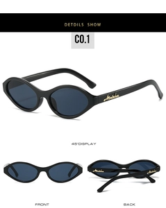 Detailed views of black oval sunglasses featuring gold temple logo and sleek vintage frames
