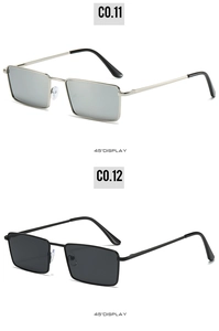 Detailed 45-degree view of silver and black small rectangular metal frame sunglasses