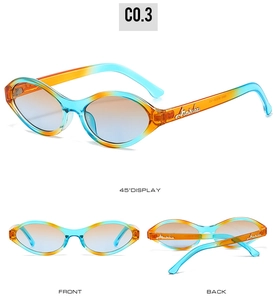 Three-angle views of retro oval sunglasses with orange-blue gradient transparent frames